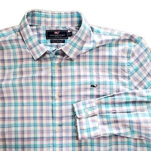 Vineyard Vines Men's XL Slim Fit Whale Shirt Blue Aqua White Plaid Nylon Spandex